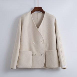 韩版双面羊绒大衣女 短款2023秋冬 宽松小个子羊毛双排扣外套