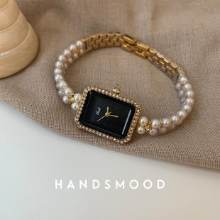 handsmood珍珠链条黑金高级感手表，方形表盘小众气质时尚女表239