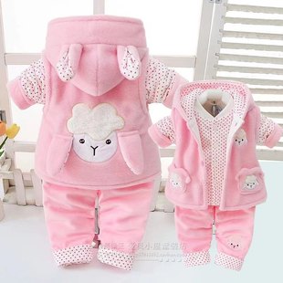 女宝宝秋冬装加厚三件套0-1-2岁女童棉衣服，3-6-9个月婴儿童外出服