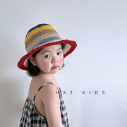 ins韩国儿童彩色拼接水桶草帽，夏季透气潮，童宝宝出游海边遮阳帽子