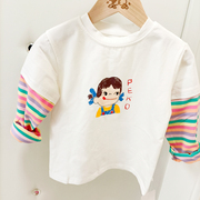 1-5岁女宝宝可爱卡通打底衫女婴儿童秋装女童洋气假两件彩虹袖t恤