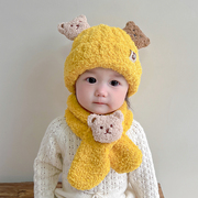 2022小熊毛绒帽秋冬季宝宝围巾帽子一体两件套儿童保暖护耳针织帽