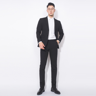 川泽男士黑色西装二件套韩版修身西服套装，单排扣轻商务套西潮