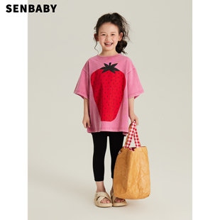 senbaby童装定制女童短袖2024夏季儿童，印花上衣中大童草莓t恤