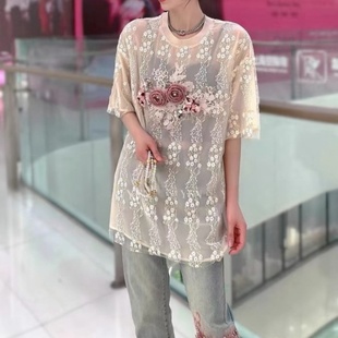 欧根纱蕾丝短袖t恤女2024夏季时尚，圆领立体花朵，设计感宽松上衣潮