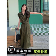 军绿工装小飞袖衬衫套装，裙女夏季2024高级感显瘦半身裙两件套