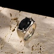 s925纯银镶嵌黑玛瑙戒指男女，款冷淡风小众，设计开口可调节宝石指环