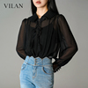 vilan/慧兰商场款黑色雪纺衬衫女设计感小众衬衣2024女装上衣