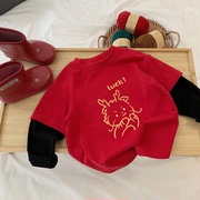 儿童纯棉T恤红色洋气女童假两件长袖打底卡通印花男宝宝上衣