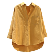 爱心刺绣单口袋(单口袋)黄色，棉衬衫女宽松长袖衬衣，2024春季文艺范休闲(范休闲)上衣