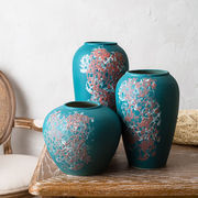 轻奢高档粗陶陶瓷干花花瓶，花器陶罐复古装饰摆件大三件套装景