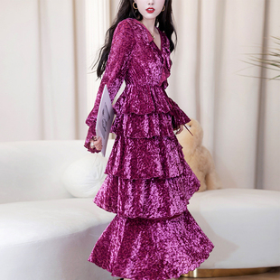 reve高定星光黛紫色进口金丝绒针织5层荷叶边礼服裙蛋糕裙连衣裙