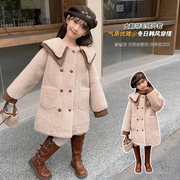 女童秋冬款中长款毛绒，外套2023中大童冬装，韩系娃娃领甜美外套