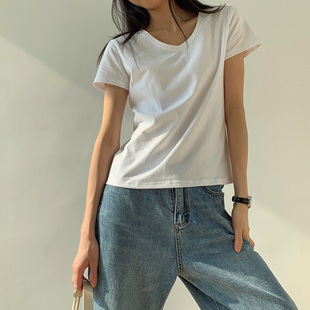 白色t恤女短袖2022韩版棉质上衣夏季显瘦V领紧身基础打底衫潮