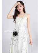 新中式竹纹印花缎面吊带，连衣裙女夏季绝美垂坠感收腰显身材长裙子