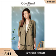 Goodland美地女装2023春季时尚通勤军绿色双排扣休闲西装外套