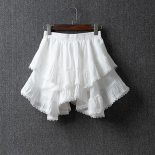 夏季不规则蕾丝花边粉，白色棉麻短裙，女高腰百搭亚麻蓬蓬半身裙裤裙