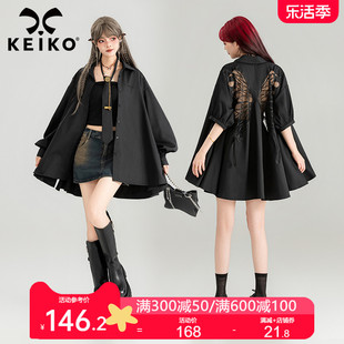 keiko重工蝴蝶刺绣黑色短袖衬衫薄24夏季设计感泡泡袖上衣防晒衫