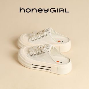 honeygirl帆布女鞋2024春夏秋款，新中式百搭高跟，弹力包头半拖女鞋