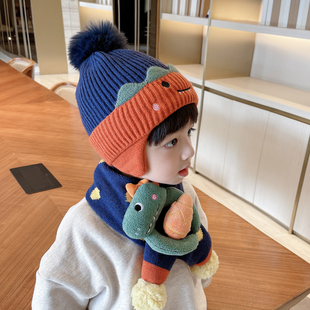 儿童帽子围巾套装冬天宝宝婴儿帽秋冬季护耳帽男童女童恐龙毛线帽