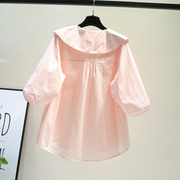 浅粉色娃娃领泡泡五分袖棉衬衫，女夏季设计感法式不规则甜美上衣潮