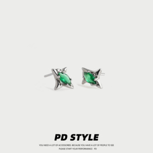pdstyle小众不规则绿色菱形锆石，耳钉男女高级感ins独特中性耳饰