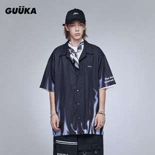 guuka青少年短袖衬衫男宽松潮流，合金装饰牌，设计logo印花街头衬衣