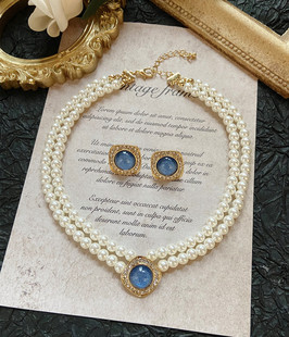 欧美古董赫本宫廷风复古气质闪钻方形珍珠短款锁骨项链颈链礼服女