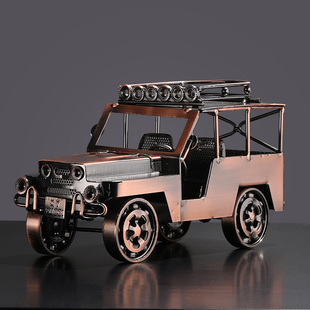 创意装饰品摆件铁艺吉普车模型金属汽车手工艺品个性带铁皮车模