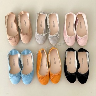 韩国春季小皮鞋，翻皮女鞋磨砂绒面芭蕾舞鞋子女，蝴蝶结平底单鞋