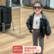 网红炸街女童套装秋装，宝宝时髦pu黑色机车，皮衣外套韩版时髦牛仔裤