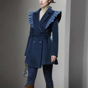 秋冬季女装2023蓝色修身西装呢子大衣，加厚收腰短款羊毛呢