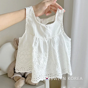 女童吊带背心夏季简约透气白色蕾丝娃娃衫夏洋气，韩版时尚宽松上衣