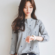 2024春季韩国东大门条纹，立领刺绣衬衫，女韩版衬衣长袖气质上衣