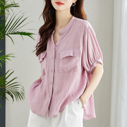 2024春季粉紫色v领冰丝短袖，衬衫女宽松气质通勤薄款上衣韩版