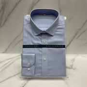 品牌男士长袖衬衫纯棉，高支蓝色格子舒适免烫，面料商务正装