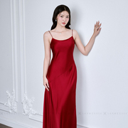 越南小众LARMES 2024年春夏经典暗红色丝光缎面吊带长裙