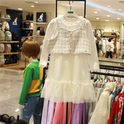 benettonkids韩国童装，2024春女童长袖纱裙连衣裙，+吊带两件套