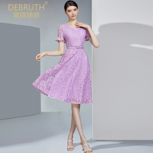 黛薇璐媤紫色v领镂空蕾丝连衣裙仙女，春夏法式气质收腰礼服裙