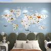 淡蓝色世界地图墙布儿童房，壁纸卡通动物，男孩卧室壁布床头背景墙