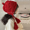 可儿妈韩国儿童针织帽流苏帽女童毛线帽红色宝宝护耳可爱甜美帽子