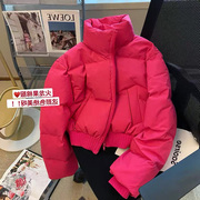 凤鸣女装玫红色立领短款面包服冬季时尚甜美百搭洋气棉服外套