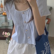 韩国chic夏季减龄复古小众，气质温柔甜美少女蓝色，条纹花边拼接衬衫