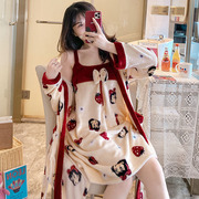 台湾珊瑚绒睡衣女长袖，春秋冬季可爱性感系绳，睡袍睡裙两件套浴袍家