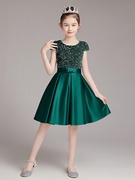 女童墨绿色钢琴艺考礼服演出服公主裙，小学生小提琴团体表演服短款