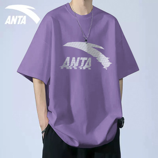 安踏紫色短袖男T恤2024夏季青少年休闲半袖潮流印花运动T