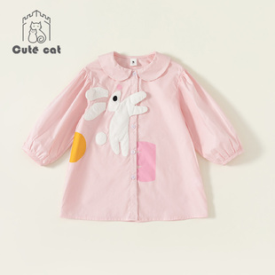 女童纯棉春秋装宝宝粉红色兔子，翻领中长款衬衫，儿童长袖连衣裙娃娃