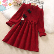 女童时尚连衣裙冬季中国风复古旗袍裙儿童公主红色新年裙子拜年服