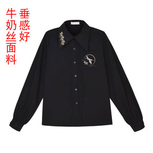 寻月正版原创jk黑色长袖衬衫，女刺绣宽松版衬衣学生外套立领上衣