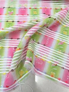 雨泽甜美风 日韩横条绿色玫粉色印花剪花布料 连衣裙吊带